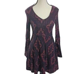 Alya Womens Dress Long Sleeve Fit Flare Boho Paisley Burgundy Black XS